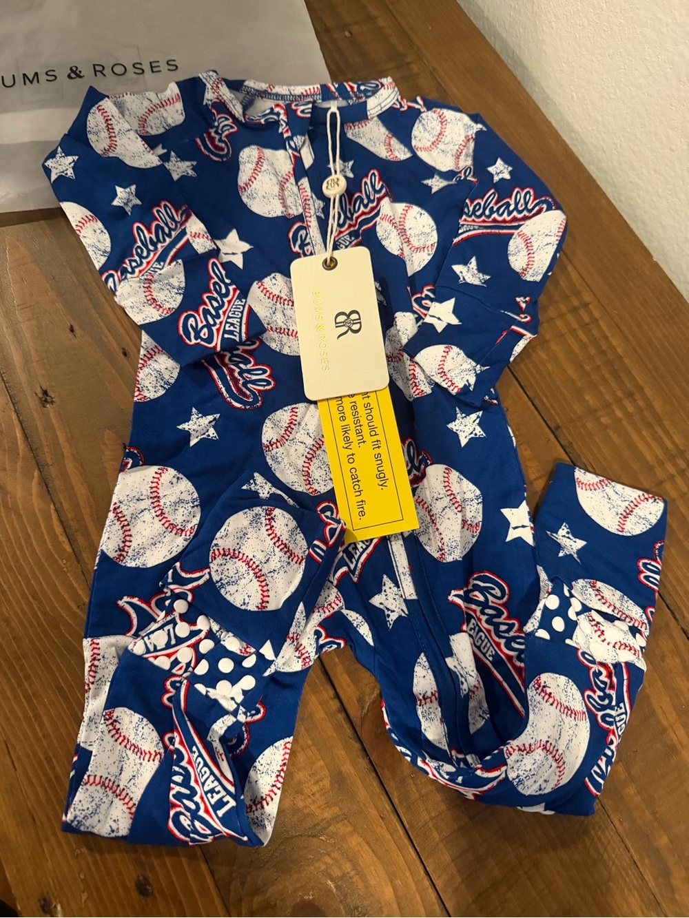 RUMS & ROSES Kids Blue Baseball Print Pajama One-Piece Sz Baby 12m NWT